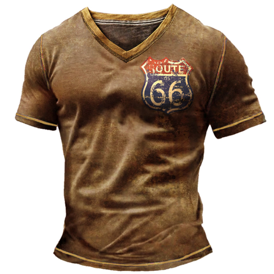 

Herren-T-Shirt Mit Vintage-Muster „Route 66 States“ Und Abgenutztem Wanddruck An Den Manschetten Und Verwaschenem V-Ausschnitt In Kontrastfarbe