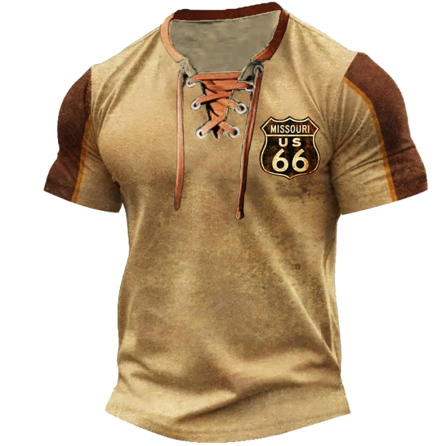 

Men's Vintage Route 66 States Distressed Wall Print Neckline Splicing Contrasting Colors Tie T-shirt