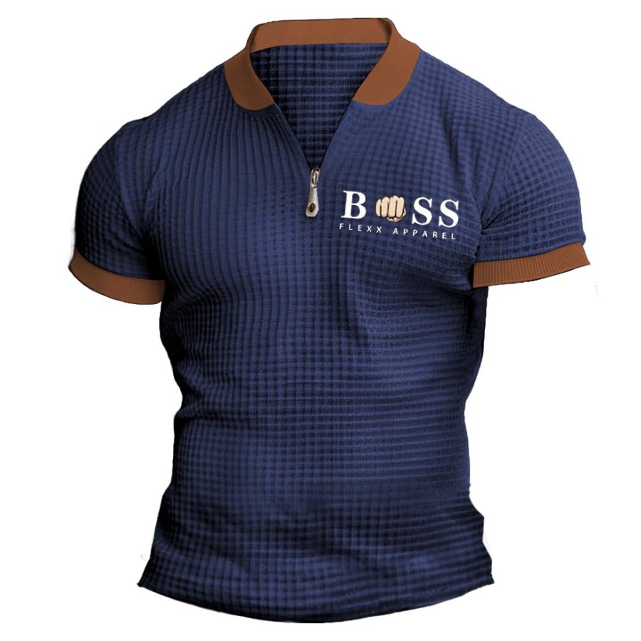 

Men's Vintage Boss Waffle Knit Color Block Zipper Henley Collar T-Shirt