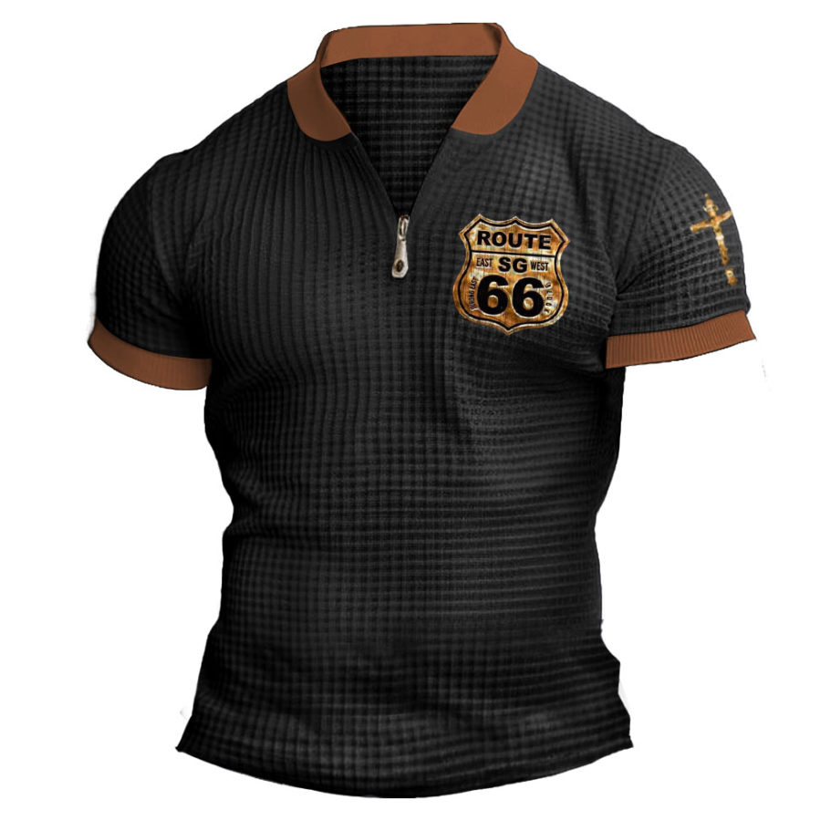 

Men's Vintage Route 66 Road Trip Cross Waffle Knit Color Block Zipper Henley Collar T-Shirt