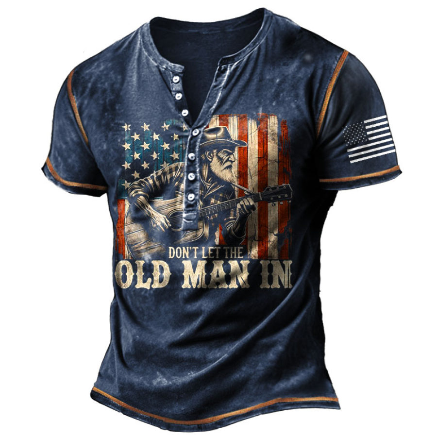 

Men's Henley Don't Let The Old Man In Vintage American Flag Colorblock Summer Daily T-Shirt