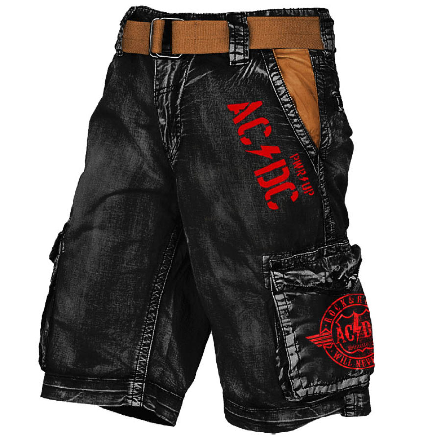 

Men's Cargo Shorts ACDC Rock Band Pwr Up Vintage Distressed Utility Multi-Pocket Outdoor Shorts