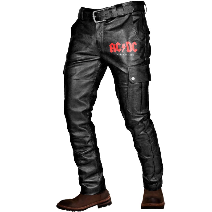 

Herren Vintage ACDC Rock Band Bedruckte Pu-Leder-Motorradhose Mit Tasche Im Freien Business Casual Hose