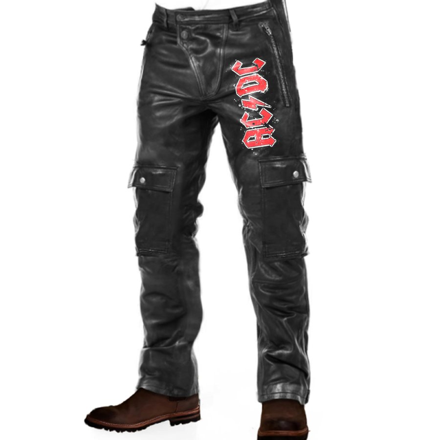 

Мужские винтажные мотоциклетные брюки из искусственной кожи с принтом рок-группы ACDC повседневные деловые брюки с карманами на открытом воздухе