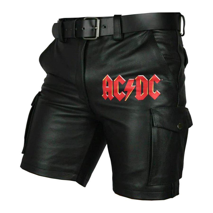 

Herren Vintage ACDC Rock Band Bedruckte Pu-Leder-Motorradhose Mit Tasche Im Freien Beiläufige Shorts