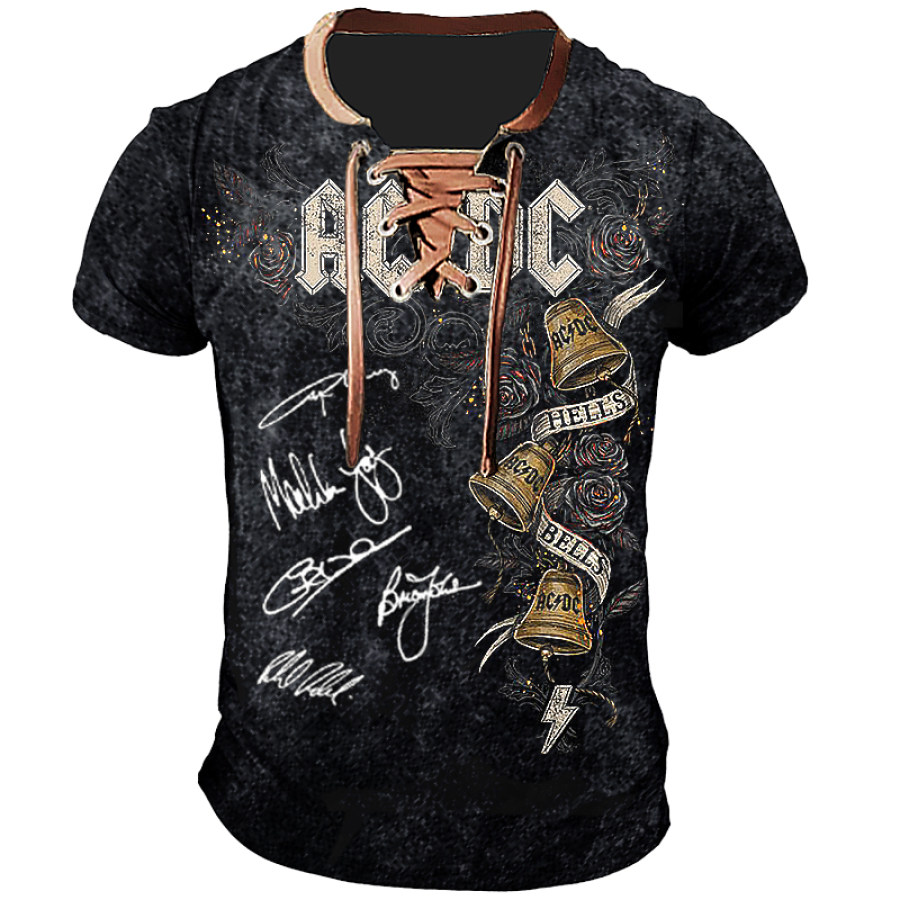 

Men's Acdc Rock Band Group Signature Washed Vintage Print Neckline Tie Short Sleeved T-shirt