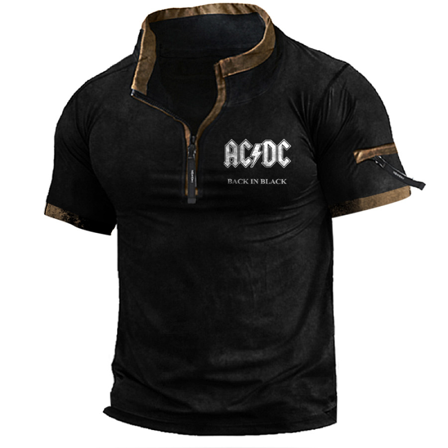 

T-shirt Tactique à Manches Courtes Acdc Vintage Patchwork Avec Poche Zippée Pour Hommes