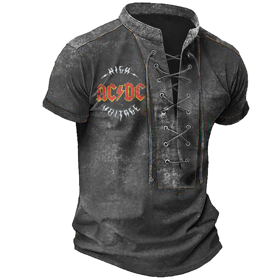 

Herren-T-Shirt „Acdc Rock Band“ Mit Wasserwaschdruck Und Krawatte Am Ausschnitt Kurzärmelig