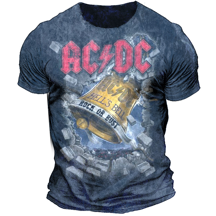 

Men's Acdc Rock Band Washed Blue Vintage Print Short Sleeved T-shirt