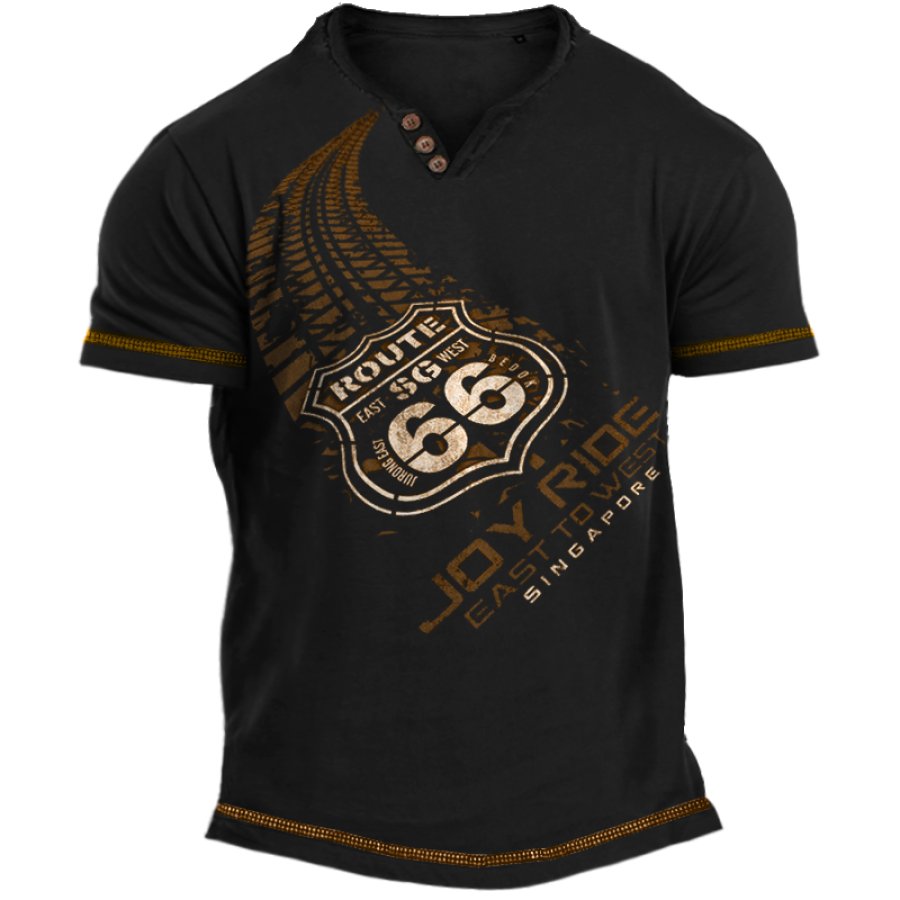 

Men's Vintage Jeep Wheel Print Route 66 Motorcycle Road Trip Henley Neck T-Shirt