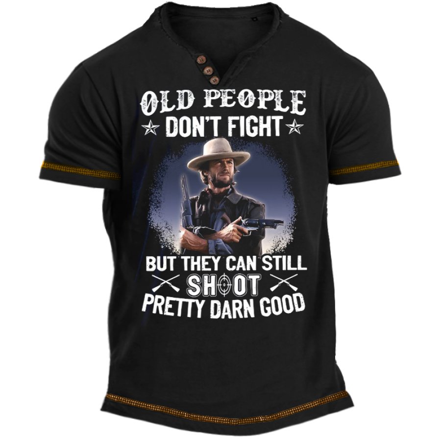 

Old People Can't Fly But They Can Shot Men's Retro Western Denim Print Father's Day Boyfriend Gift Henley Neck T-Shir