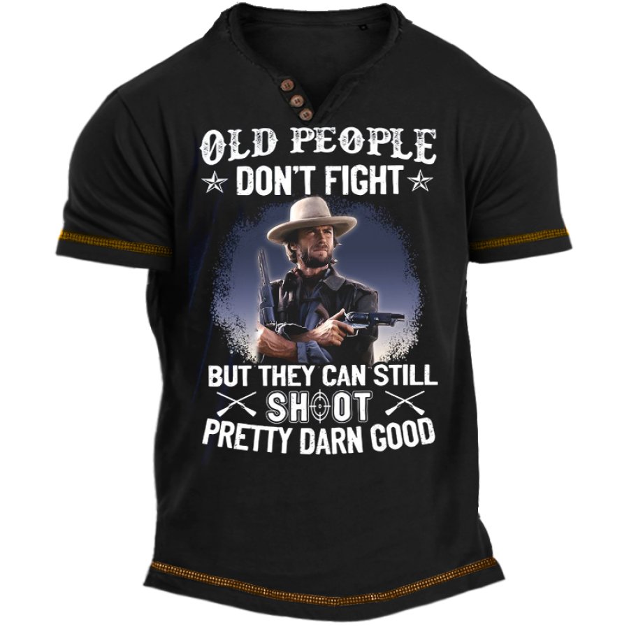 

Old People Can't Fly But They Can Shot - Herren-T-Shirt Mit Retro-Western-Denim-Print Vatertag Freund Geschenk Henley-Ausschnitt