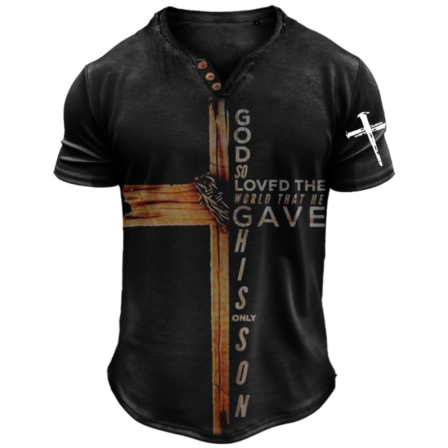 

Men's Vintage Jesus Cross Faith Lion Print Henley T-Shirt