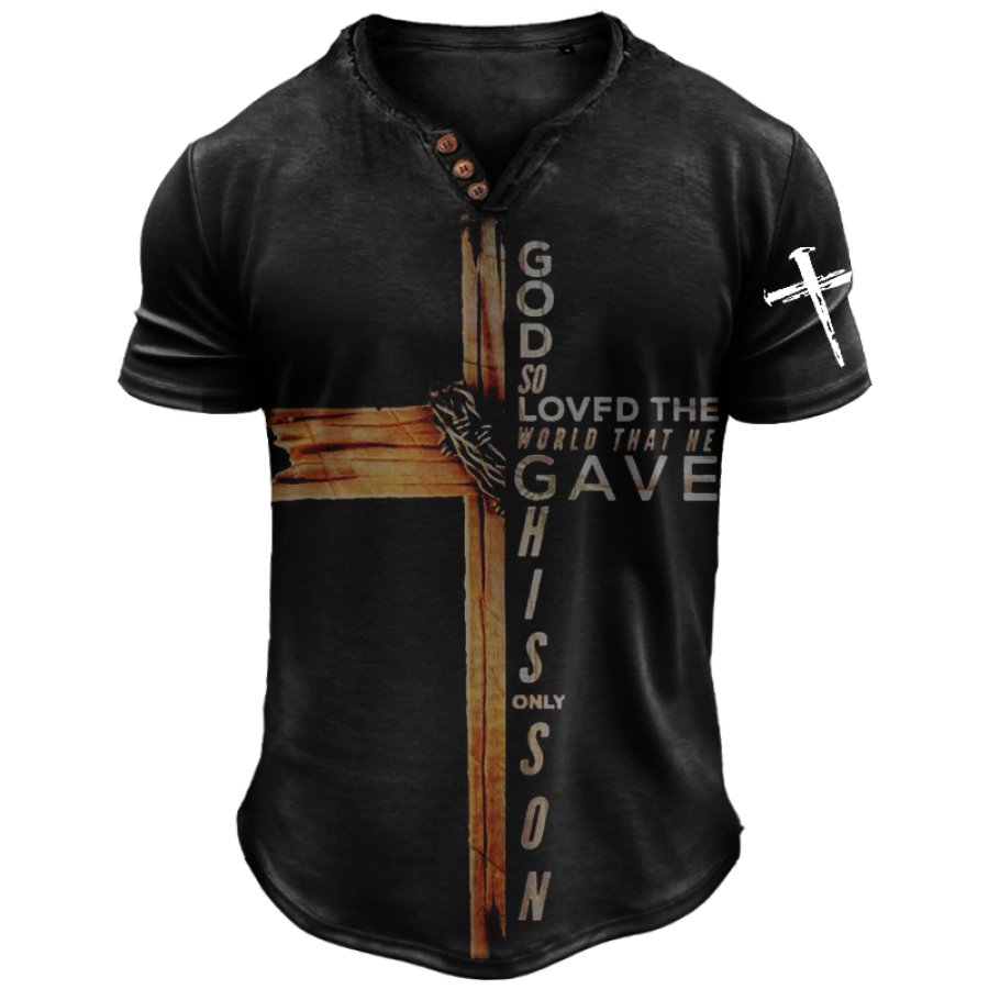 

Camiseta Henley Vintage Con Estampado De León Y Cruz De Jesús Para Hombre