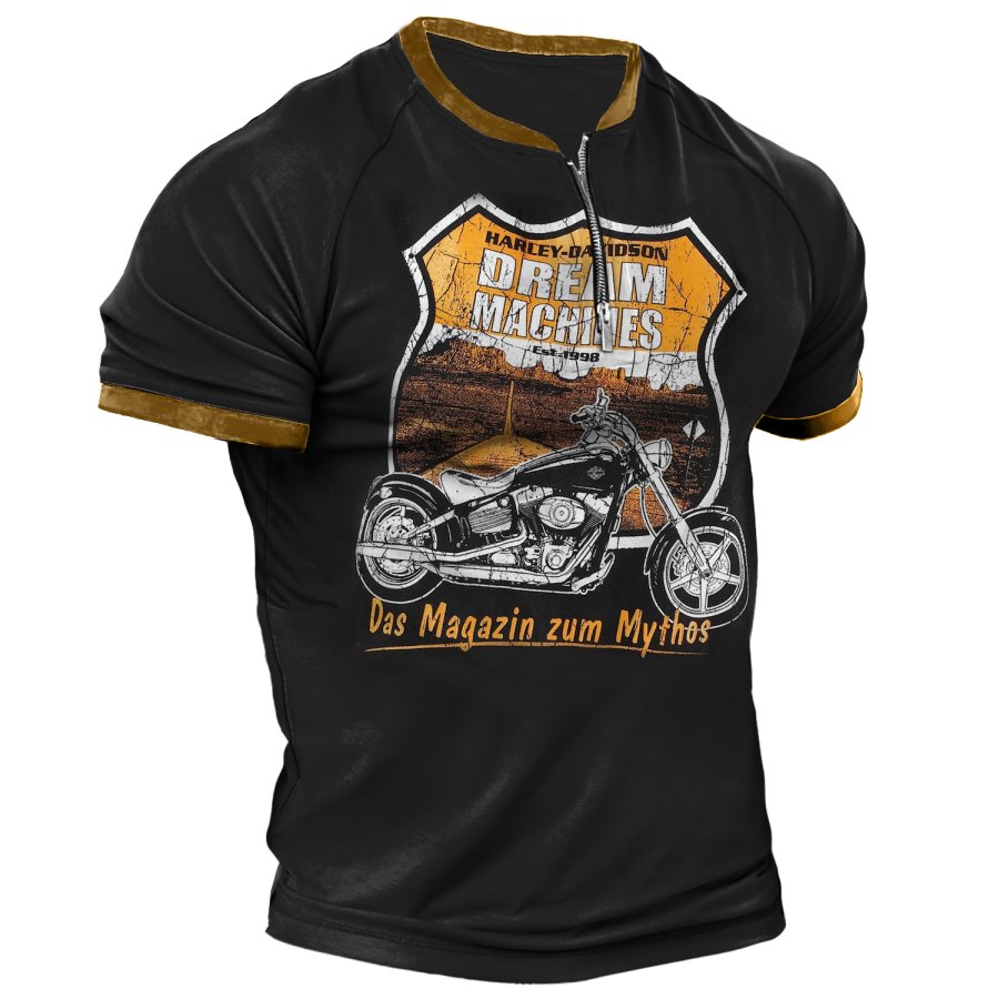 

Herren-T-Shirt Mit Vintage-Jeep-Rad-Aufdruck Route 66 Motorrad-Roadtrip Reißverschluss Am Kragen