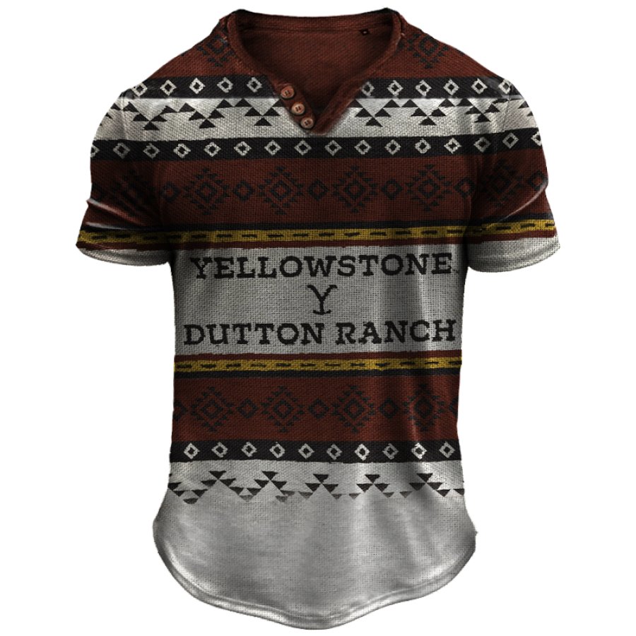 

Henley-T-Shirt Mit Vintage-Yellowstone-Ethno-Print Für Herren