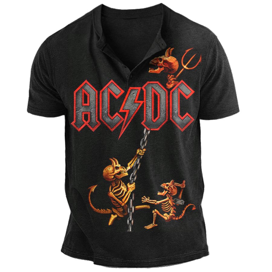 

T-shirt Henley Vintage à Imprimé Rock ACDC Pour Hommes