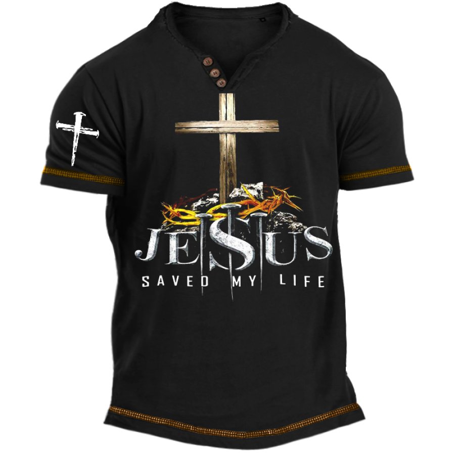 

Herren-T-Shirt Mit Henley-Ausschnitt Und Jesus-Glaubenskreuz Im Vintage-Stil Farbblock