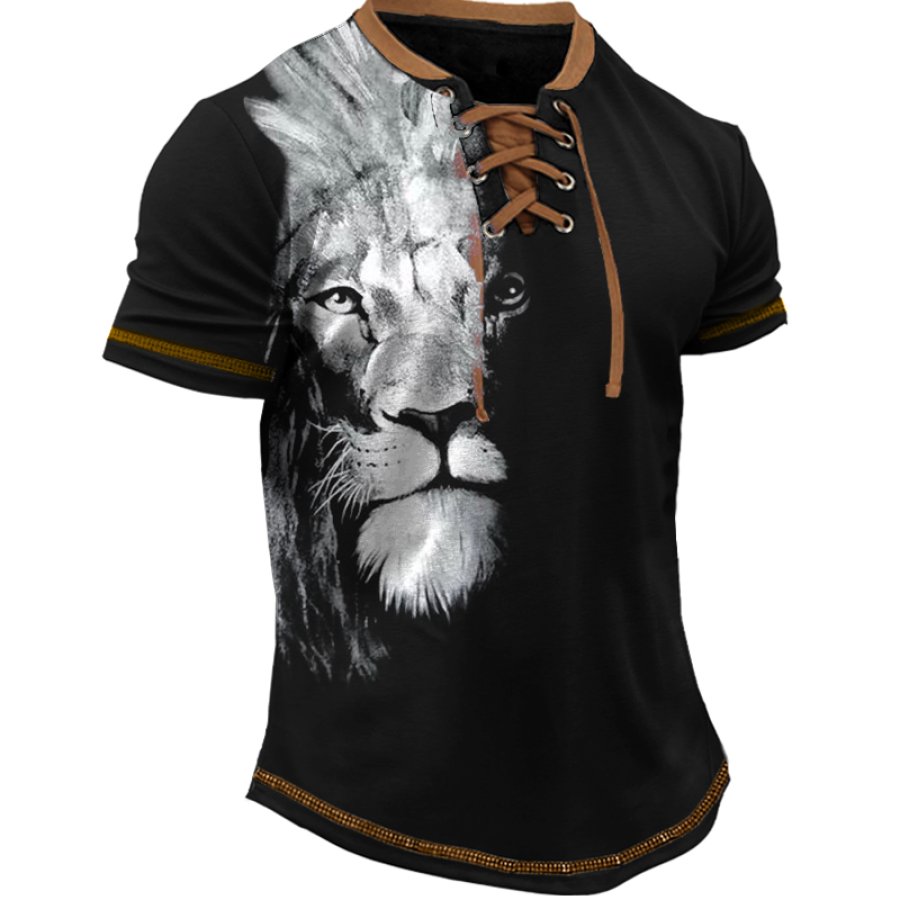 

Men's Vintage Faith Lion Print Lace-up T-Shirt