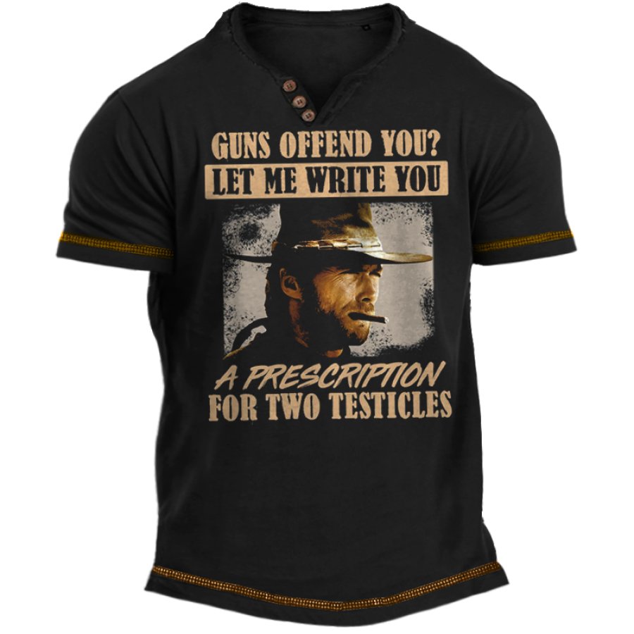 

Guns Offend You Let Me Write You Men's Vintage Western Denim Print Father's Day Boyfriend Gift Henley T-Shirt