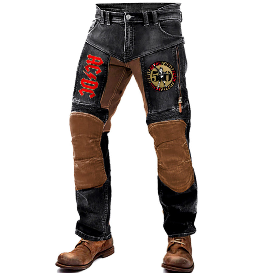 

Men's ACDC Rock Band 50 Golden Years Print Pants Outdoor Vintage Washed Cotton Zipper Pocket Trousers