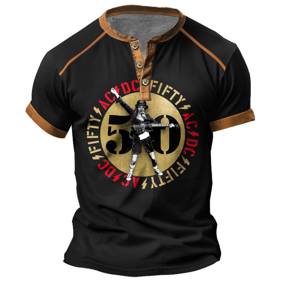 

Camiseta Henley De Manga Corta Con Estampado De Bloques De Color De Banda De Rock Vintage ACDC 50 Golden Years Para Hombre