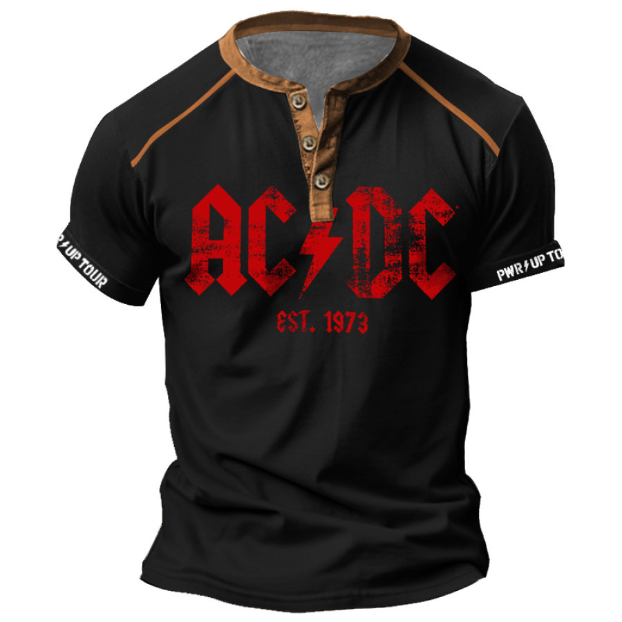 

Мужская винтажная одежда ACDC Приблиз. Футболка Henley с короткими рукавами и принтом Rock Band 1973 года