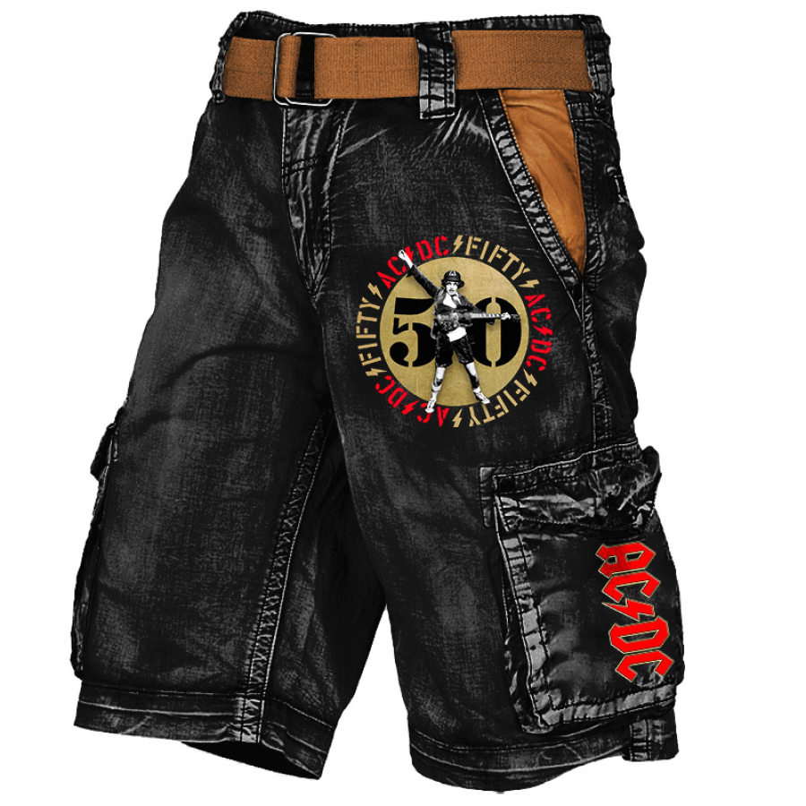 

Men's Cargo Shorts ACDC Rock Band 50 Golden Years Vintage Distressed Utility Outdoor Shorts
