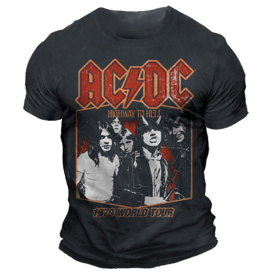 

Herren-T-Shirt Mit Vintage-Aufdruck „ACDC Highway To Hell 1979 World Tour“ Und Rundhalsausschnitt Kurzärmelig