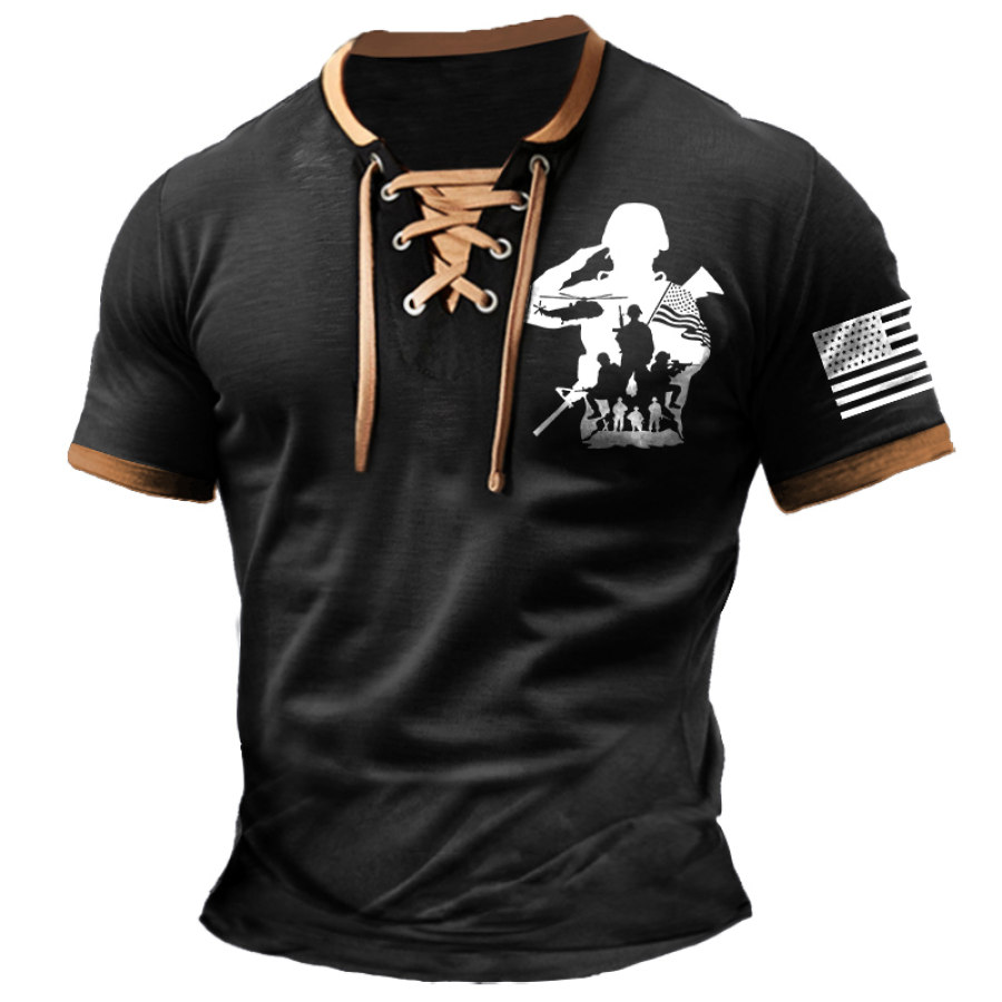 

Men's T-Shirt US Soldier Veteran American Flag Memorial Day Vintage Lace-Up Short Sleeve Color Block Summer Daily Tops