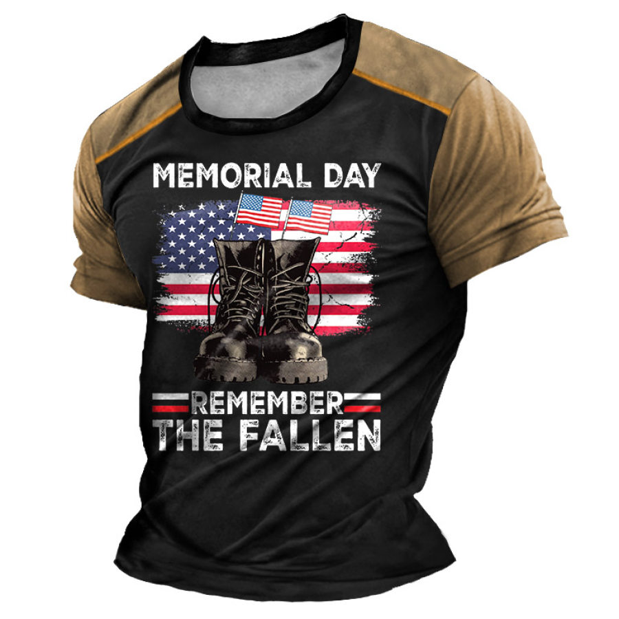 

Herren-T-Shirt Mit Rundhalsausschnitt Und Vintage-Memorial-Day-Stiefeln Und Amerikanischer Flaggen-Aufdruck