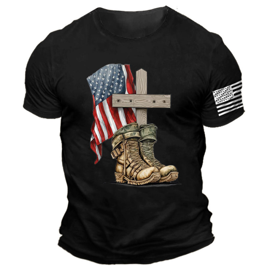 

Herren-T-Shirt Mit Rundhalsausschnitt Und Vintage-Memorial-Day-Kreuzstiefeln Und Amerikanischer Flaggen-Aufdruck