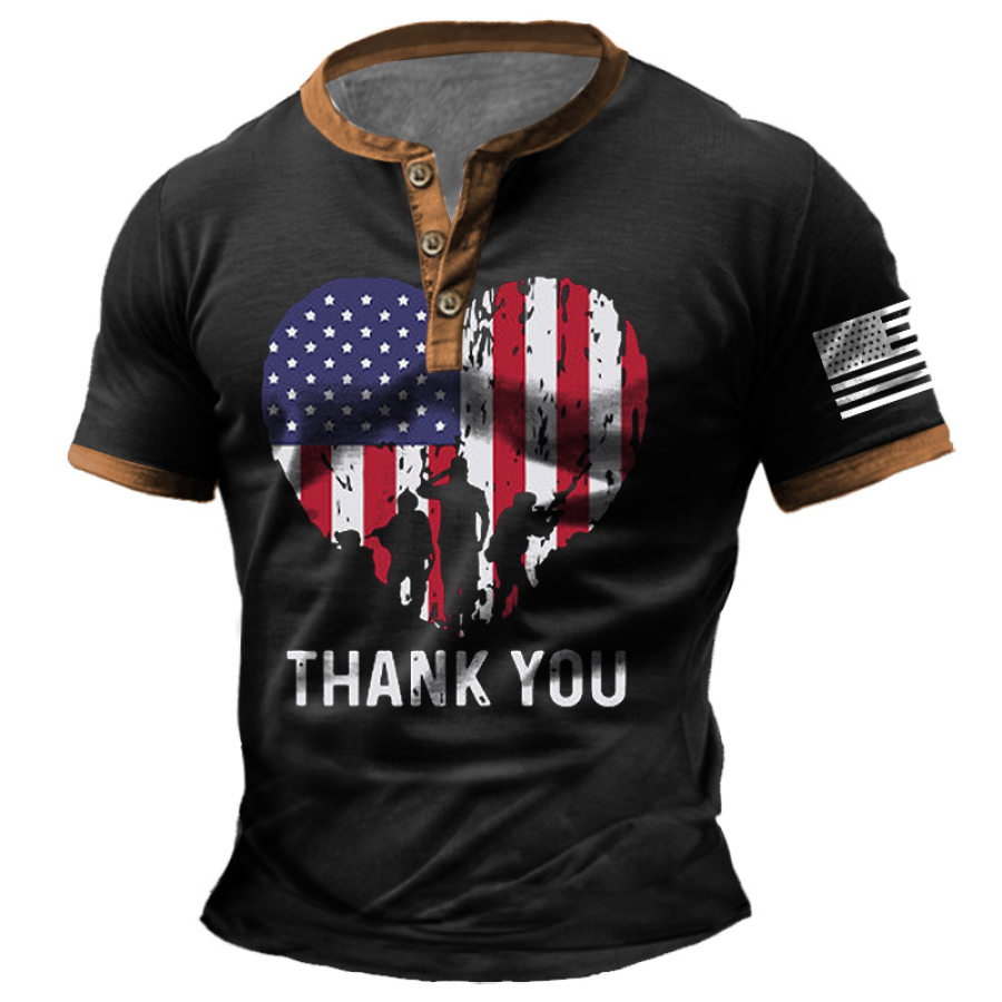 

Men's Vintage Memorial Day Thank You Veterans Patriotic American Flag Color Block Print Henley Short Sleeve T-Shirt