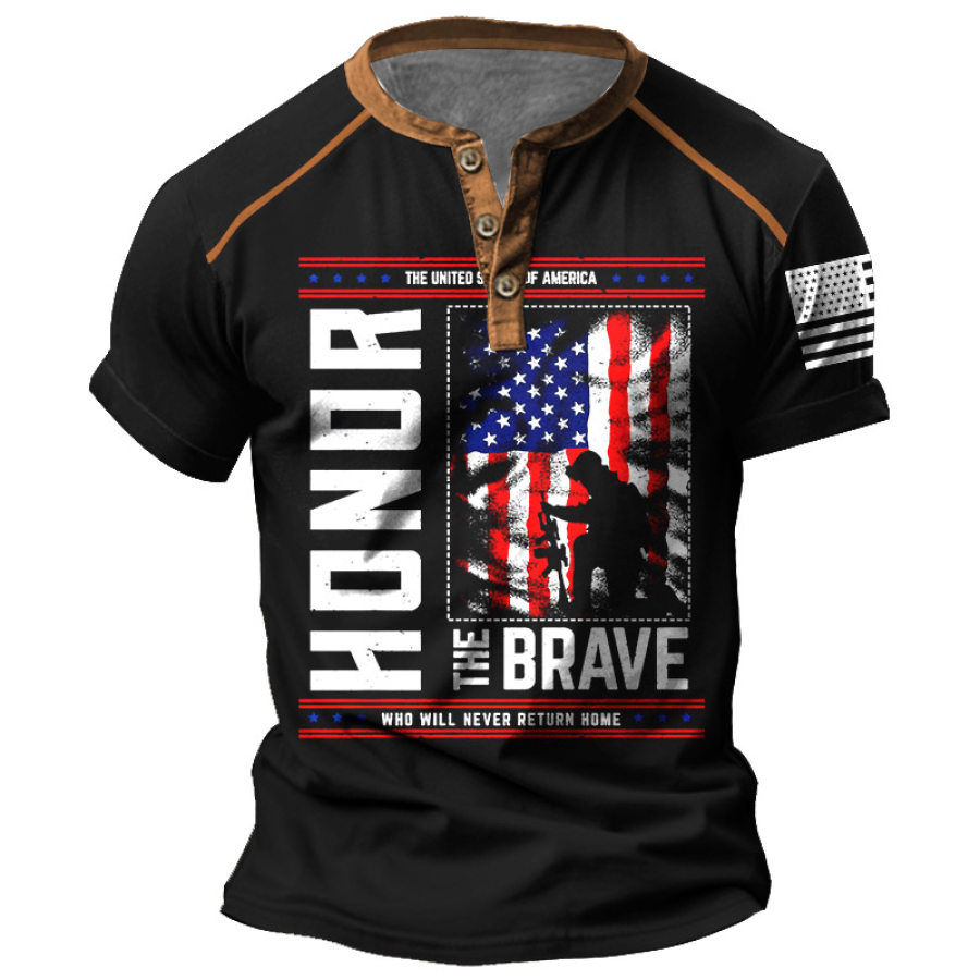 

Men's Vintage Memorial Day Patriotic Honor The Brave United States American Flag Henley Short Sleeve T-Shirt