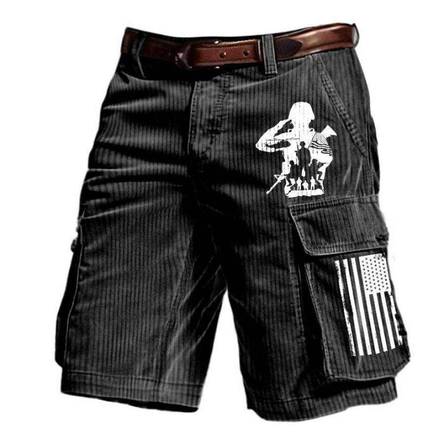 

Herren Cord-Shorts Mit US-Soldat Veteranen-Motiv Mit Amerikanischer Flagge Memorial Day-Aufdruck Vintage-Stil Mehrere Taschen