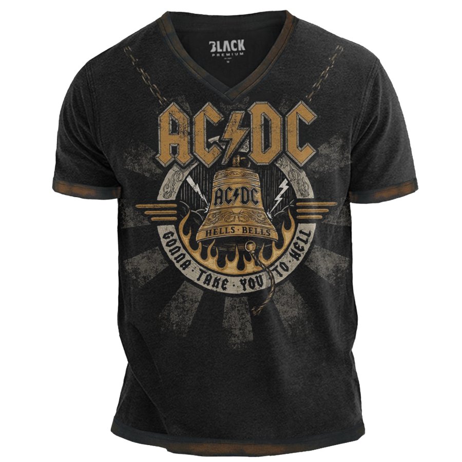 

Мужская винтажная футболка ACDC Rock Band Hells Bells с принтом повседневная футболка с короткими рукавами контрастного цвета и V-образным вырезом