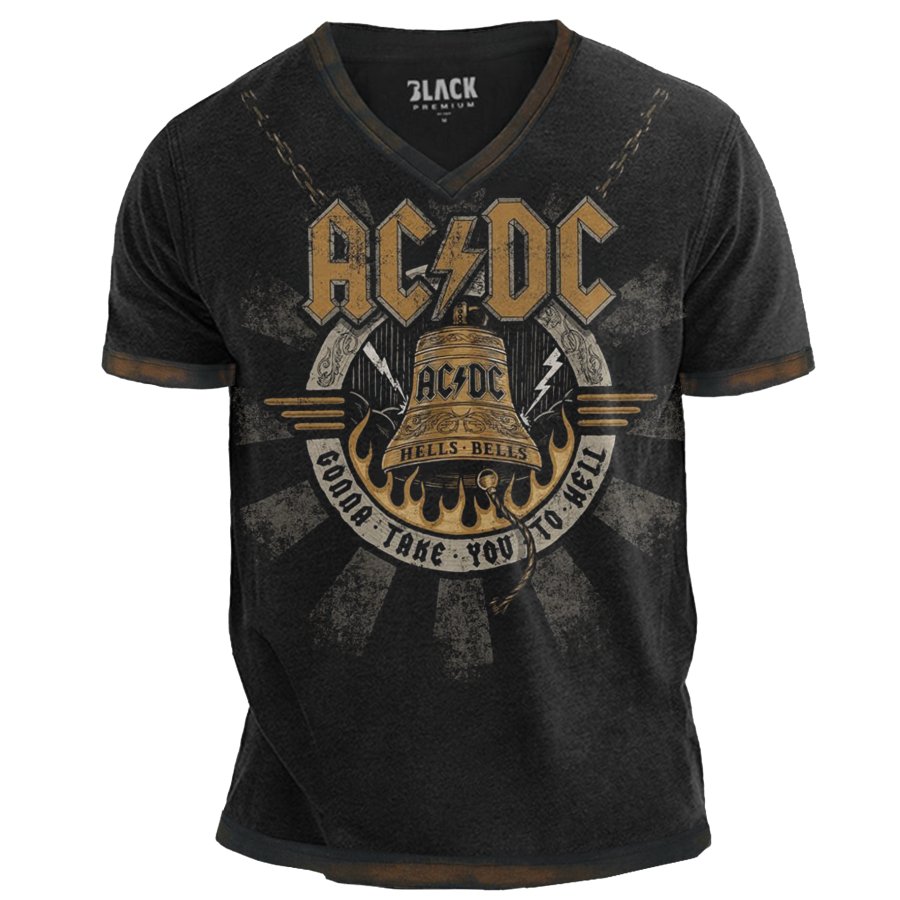 

Camiseta Vintage De Manga Corta Con Cuello En V Y Estampado De Hells Bells De ACDC Rock Band Para Hombre