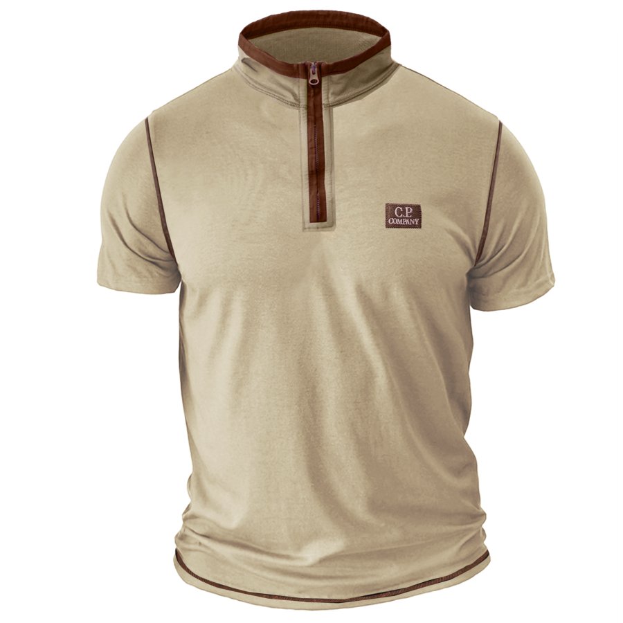 

Мужская винтажная футболка с коротким рукавом и воротником-стойкой CP COMPANY в стиле пэчворк
