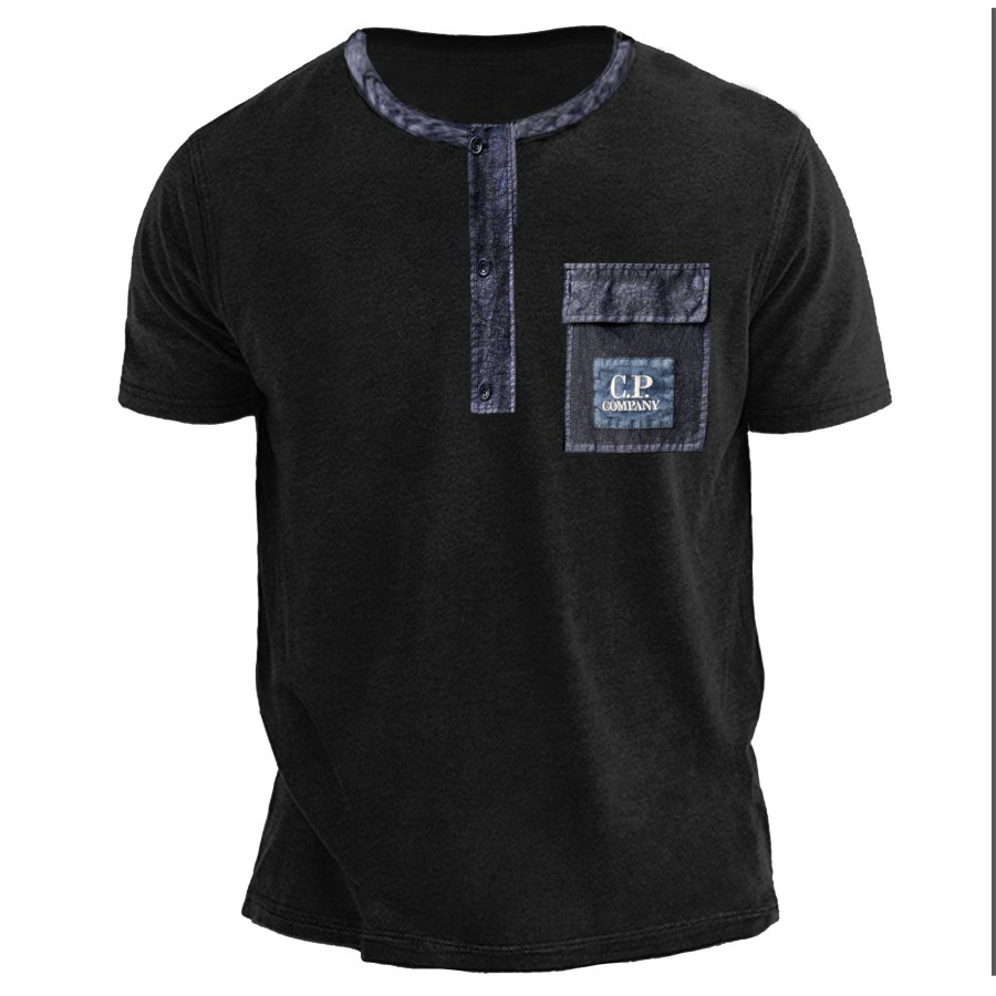 

Мужская винтажная футболка с коротким рукавом и воротником Генри CP COMPANY в стиле пэчворк