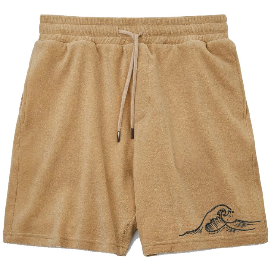 

Herren-Shorts Aus French Terry Mit Retro-Wellenstickerei Hawaii-Shorts Für Den Urlaub