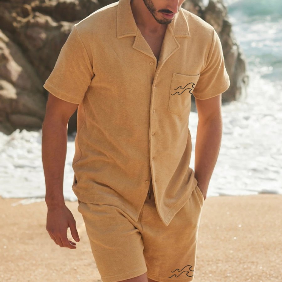 

Мужская винтажная рубашка из французской махровой ткани с волнистой вышивкой повседневные топы в гавайском стиле для отдыха