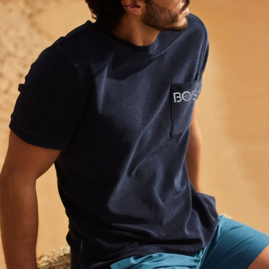 

Мужская винтажная футболка с волнистой вышивкой французская махровая футболка повседневные топы в гавайском стиле для отдыха