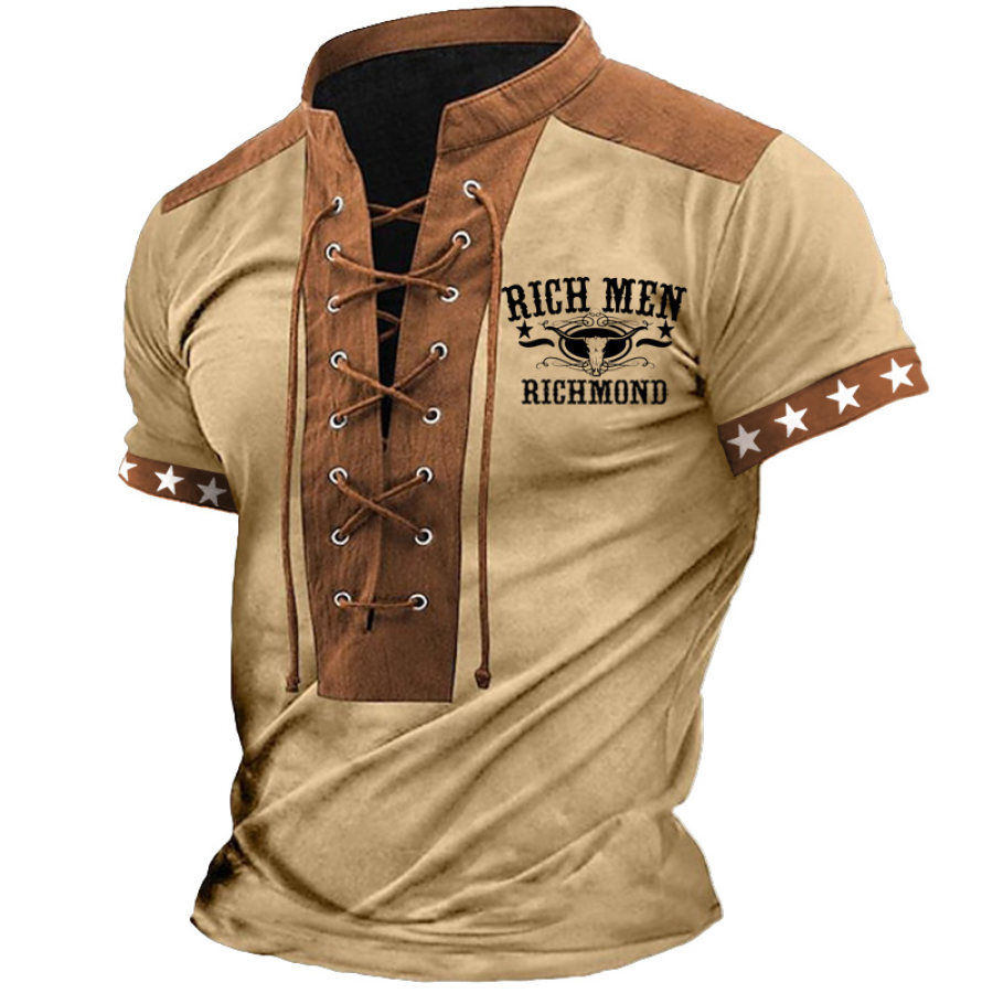 

Men's Rich Men North Of Richmond Western Country Music Outdoor Vintage Color Block Stand Collar Lace Up T-shirt