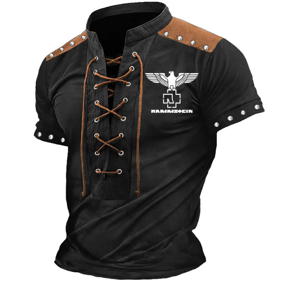 

Men's Rammstein Rock Music Studded Outdoor Vintage Color Block Stand Collar Lace Up Short Sleeve T-Shirt