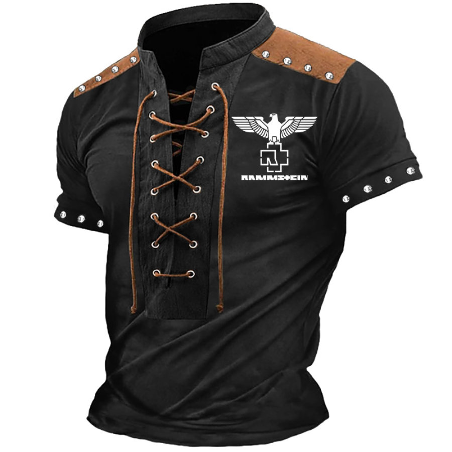 

Camiseta De Manga Corta Con Cordones Y Cuello Levantado Estilo Vintage Con Tachuelas Y Música Rock De Rammstein Para Hombre