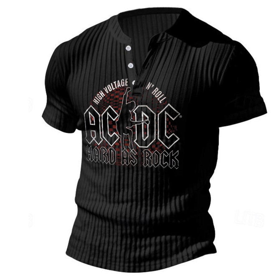 

Men's Vintage ACDC Rock Band Hells Bells Print Daily Short Sleeve Contrast Color Henry Collar Shirt