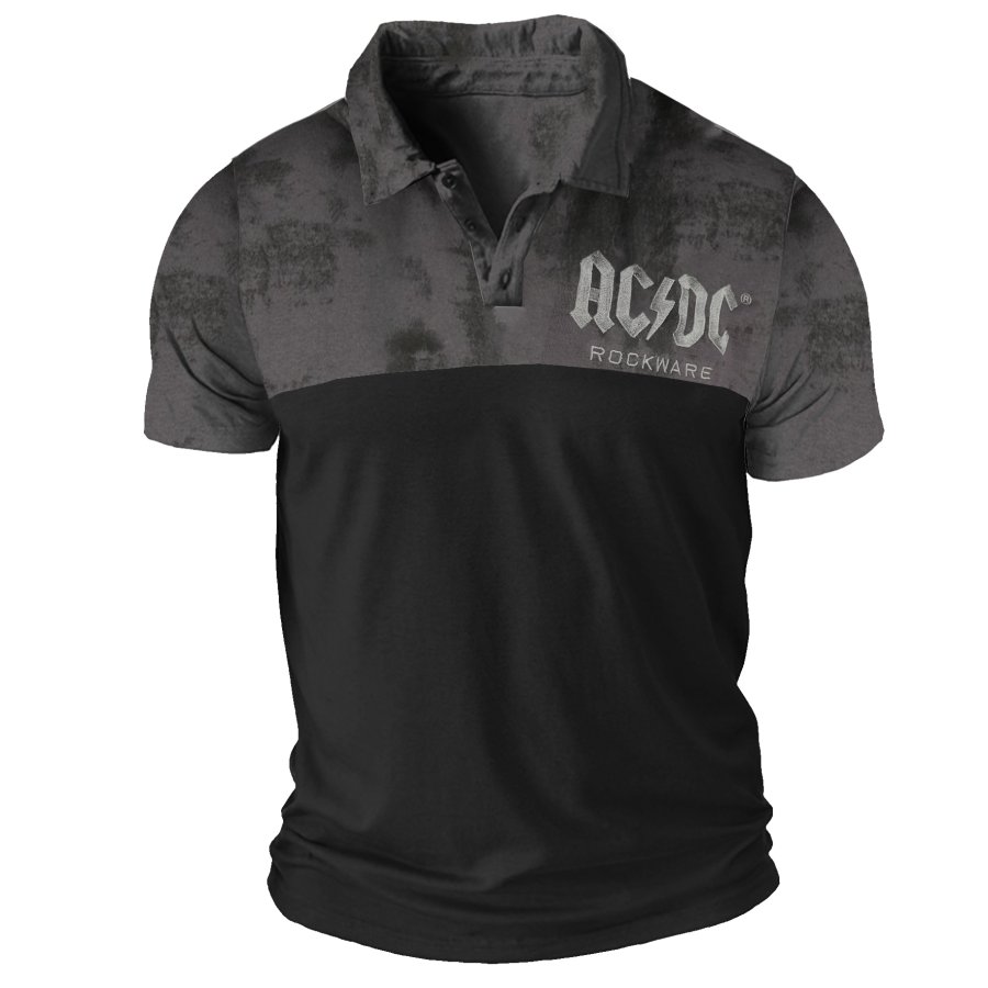 

Мужская винтажная рубашка-поло контрастного цвета с короткими рукавами и принтом рок-группы ACDC Hells Bells