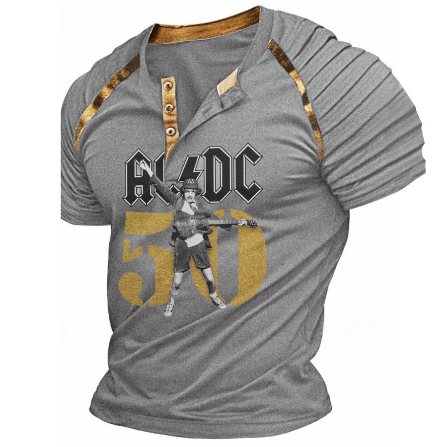 

Men's Vintage ACDC Rock Band Hells Bells 50 Years Print Daily Short Sleeve Contrast Color V Neck T-Shirt