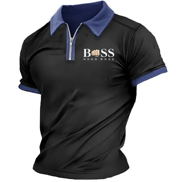 Men's Boss Print 1/4 Half Zip Splicing Contrasting Colors Short Sleeved Polo T-shirt - Cotosen.com