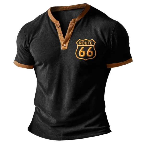 Men's Route 66 Road Trip Embroidery Terry Towel Business Vintage Color Block Henley Collar Short Sleeve T-Shirt - Cotosen.com 